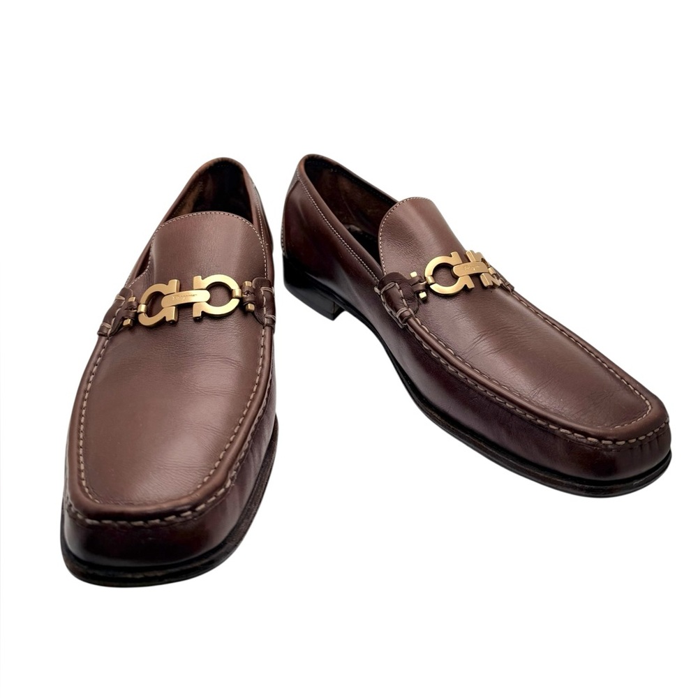 Ferragamo Gancini Loafers Brown Leather Size 12